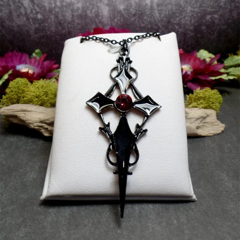 Crimson Cross - Gothic Red Stone Pendant by The Nevermore