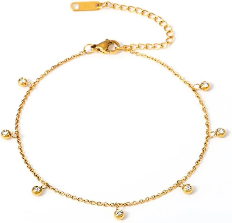 Cubic Zirconia Small Round Bead Dangle Anklets for Women Minimalist Stainless Steel Geometry Adjustable Stackable Chains Link Foot Chain Jewelry