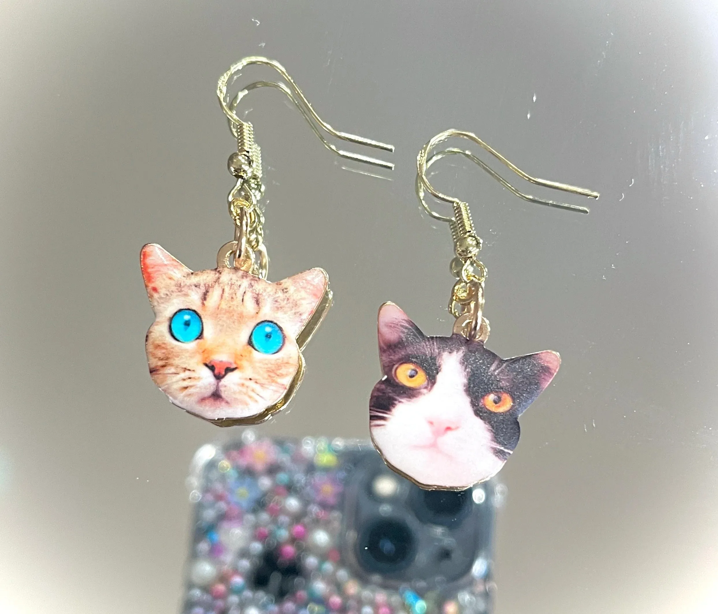 Cute Cat 14K Gold Drop Earrings