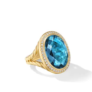 David Yurman Albion Oval Ring in 18K Yellow Gold with Hampton Blue Topaz and Diamonds, 21mm - Size 7