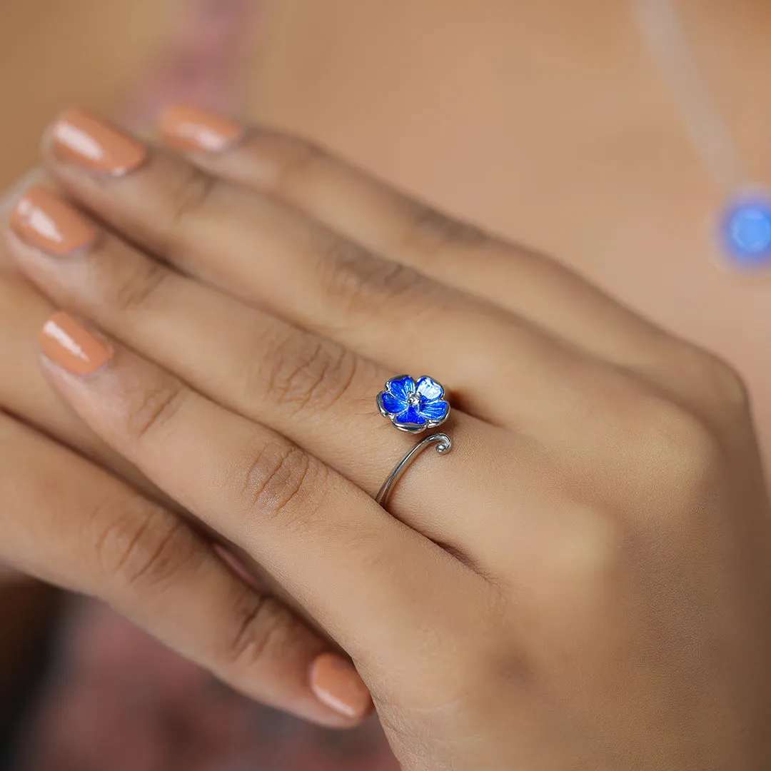 Deep Blue Petals Rhodium Plated 925 White Shine Center Rings