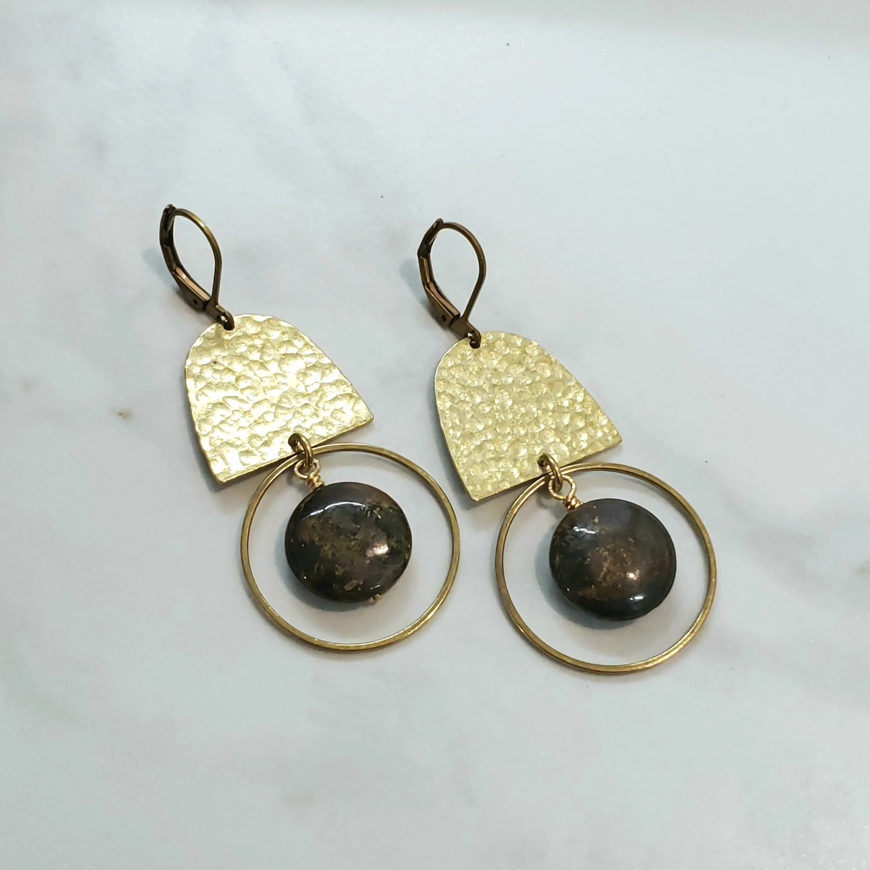 Domed Hammered Brass Modern Hoop Earrings - Bronzite