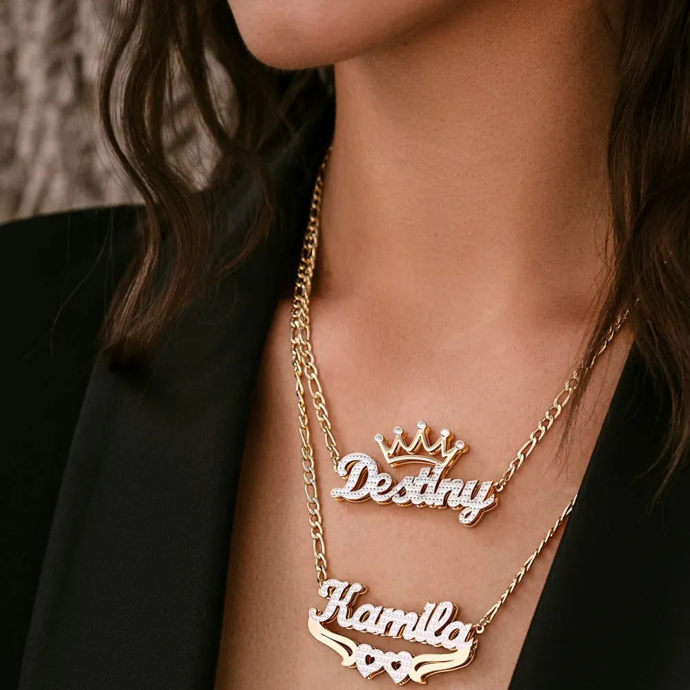 Double Plated Crown Name Necklace w/ Figaro Chain