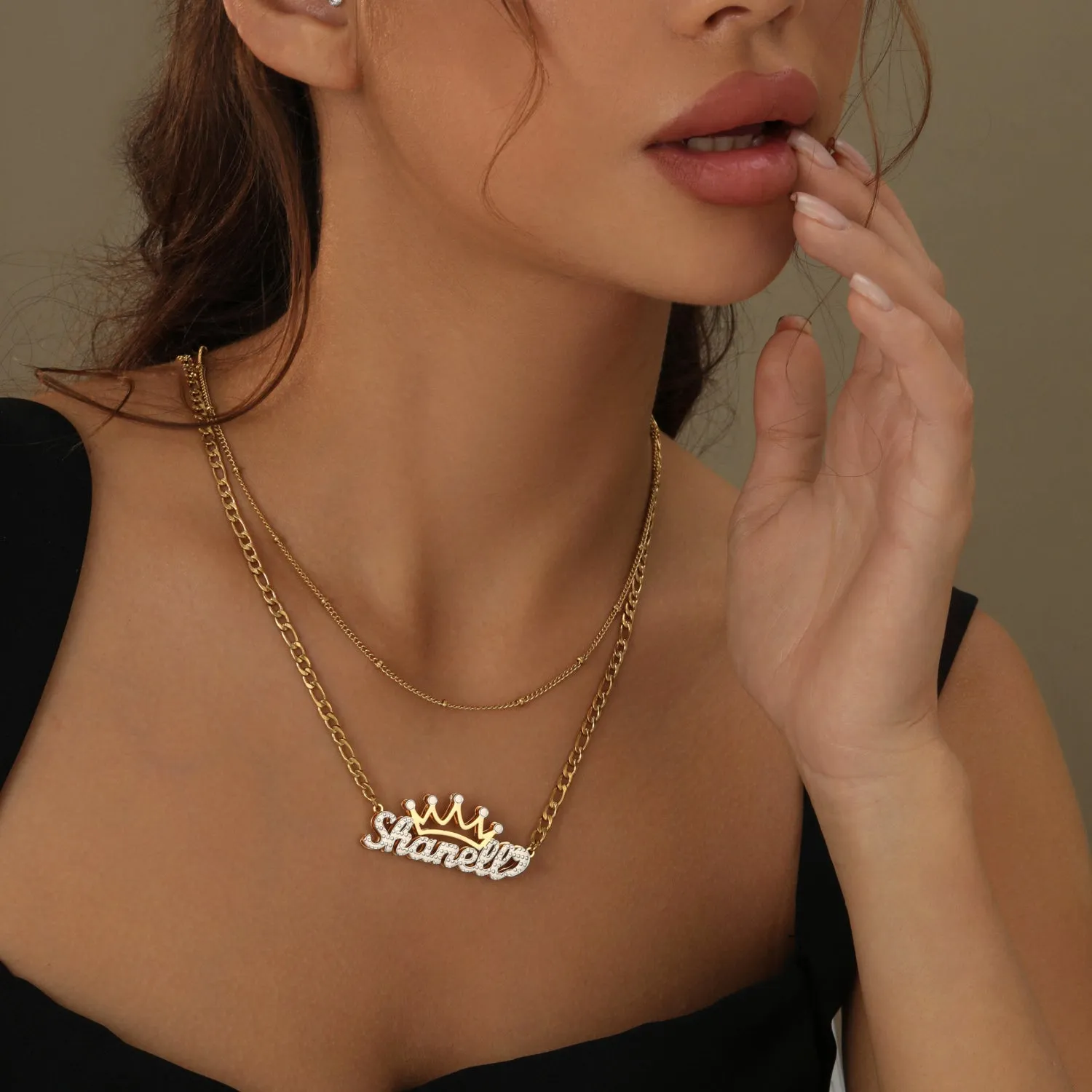 Double Plated Crown Name Necklace w/ Figaro Chain
