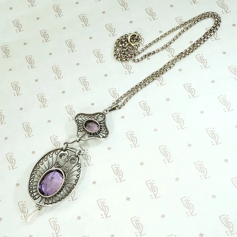 Dreamy Edwardian Amethyst & Pearl Filigree Necklace