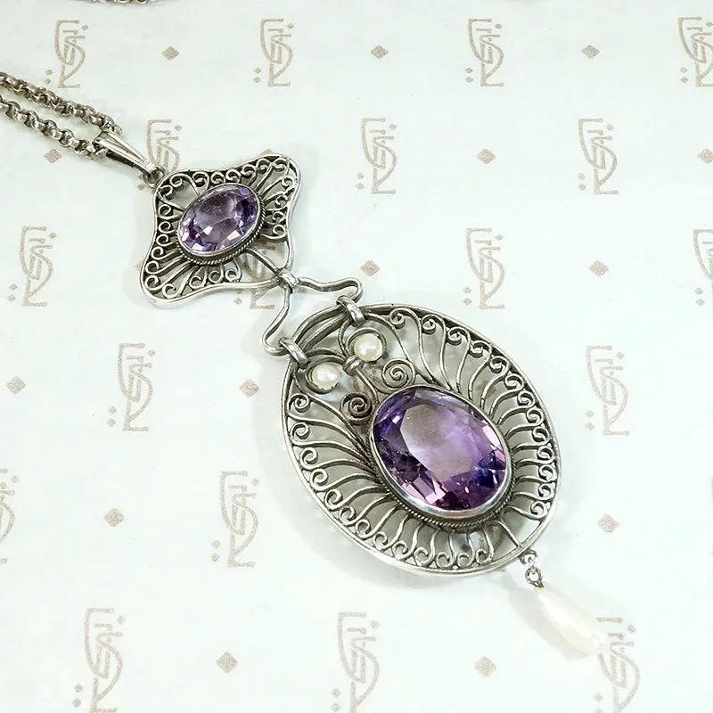 Dreamy Edwardian Amethyst & Pearl Filigree Necklace