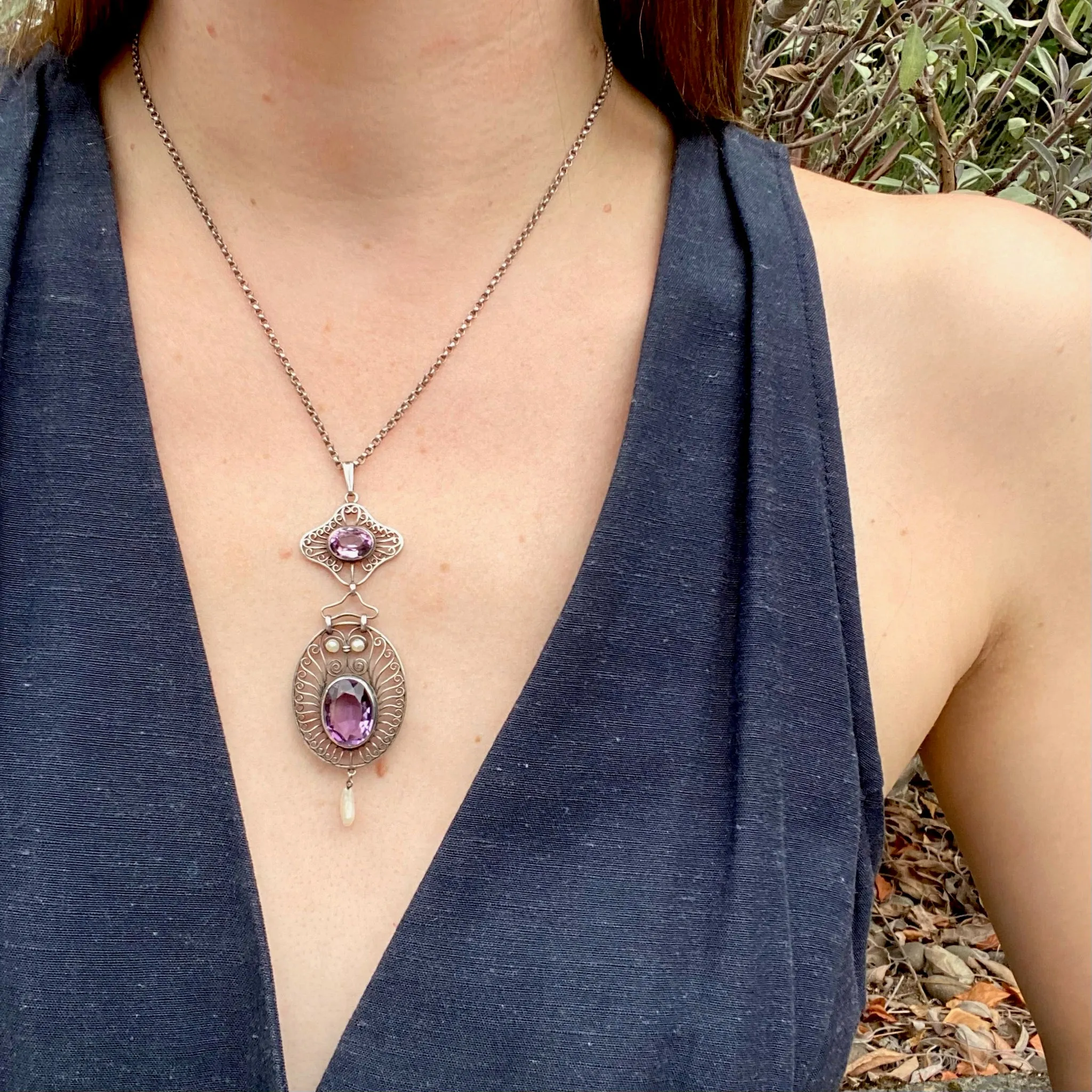 Dreamy Edwardian Amethyst & Pearl Filigree Necklace
