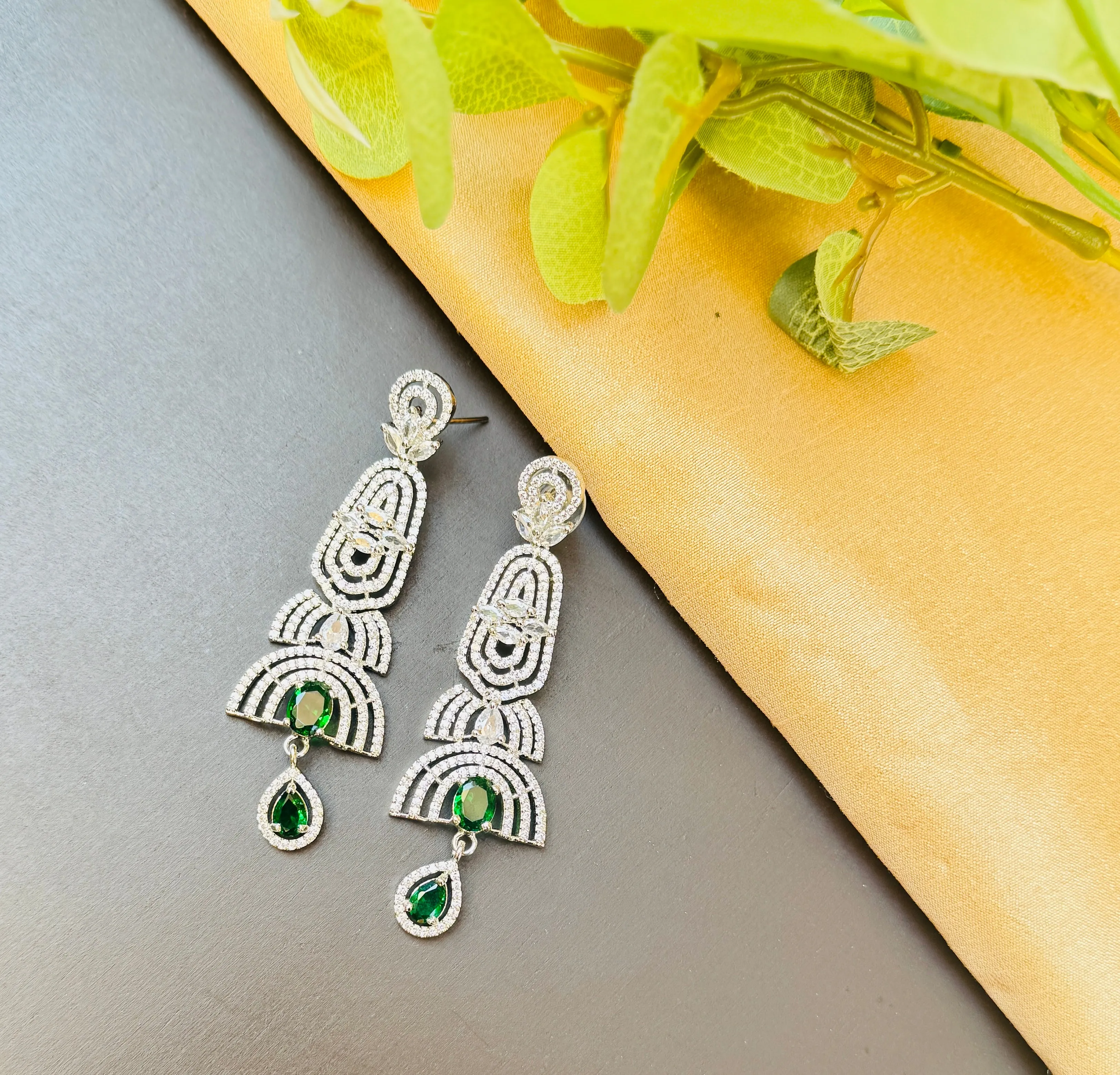 Elegant American Diamond Green Stone Dangle Earrings for Women & Girls.