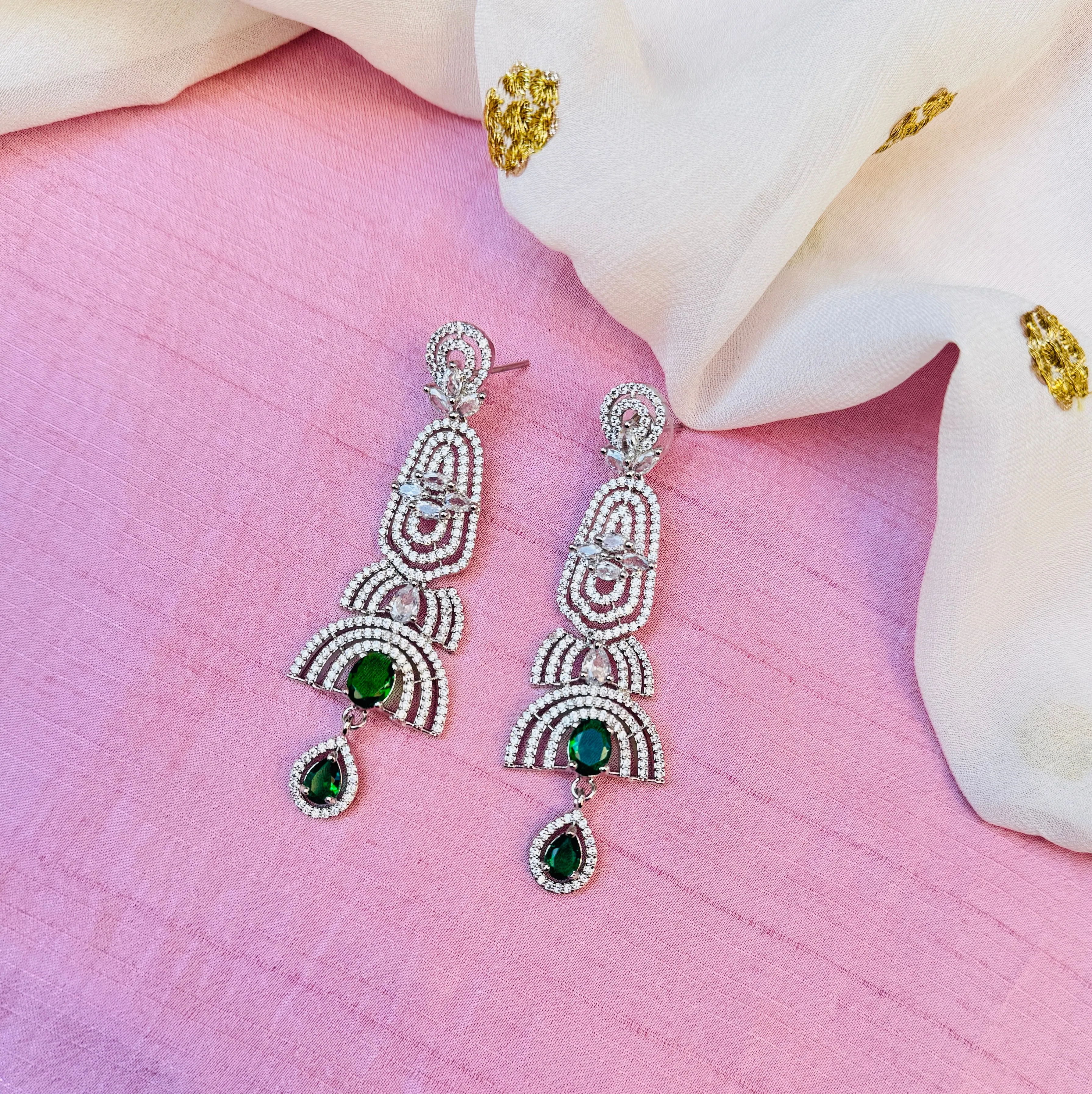Elegant American Diamond Green Stone Dangle Earrings for Women & Girls.