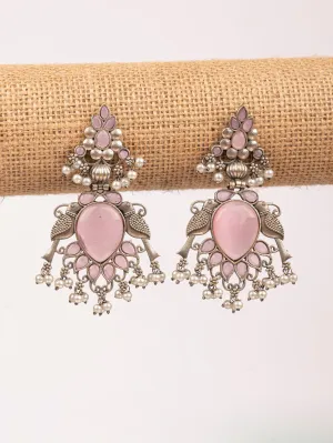 Elegant Silver-Plated Drop Earrings with Pink Stones in Bird Design