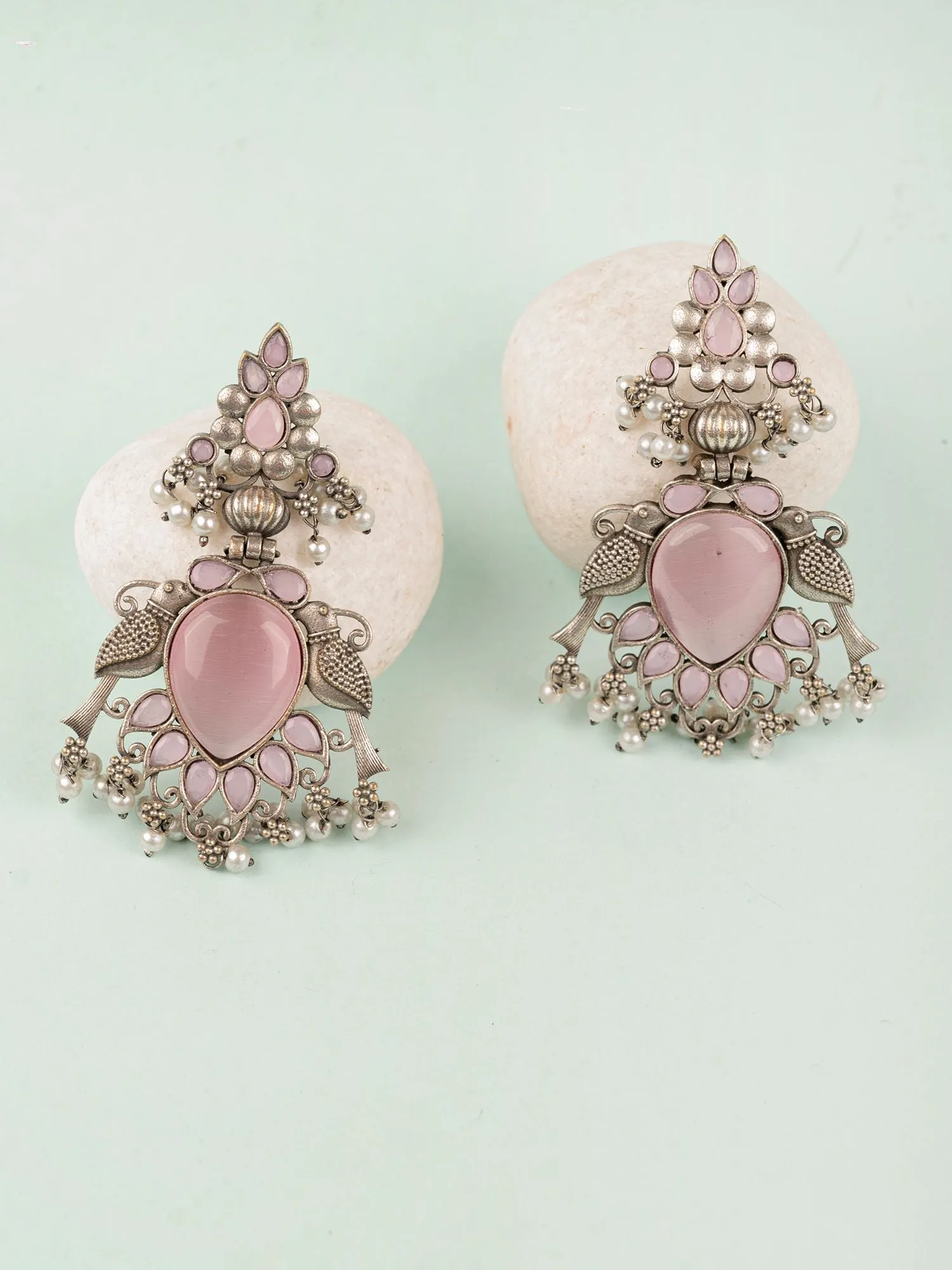 Elegant Silver-Plated Drop Earrings with Pink Stones in Bird Design