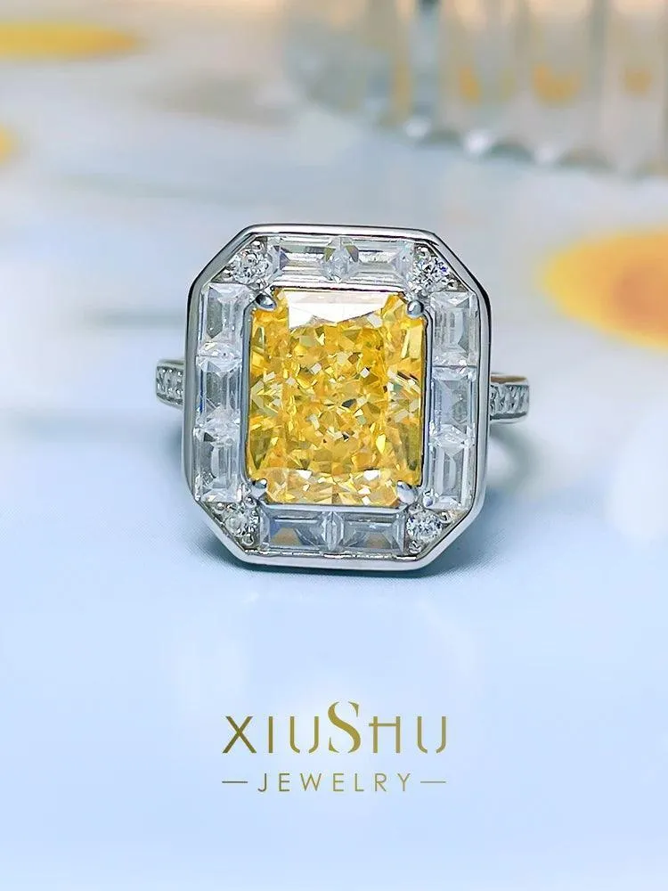 Elegant Style Yellow High Carbon Diamond Fashion Ring Inlaid with High Quality AAAAA High Carbon Diamonds Jewellery