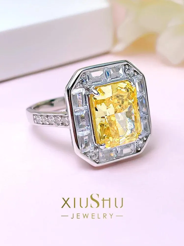 Elegant Style Yellow High Carbon Diamond Fashion Ring Inlaid with High Quality AAAAA High Carbon Diamonds Jewellery