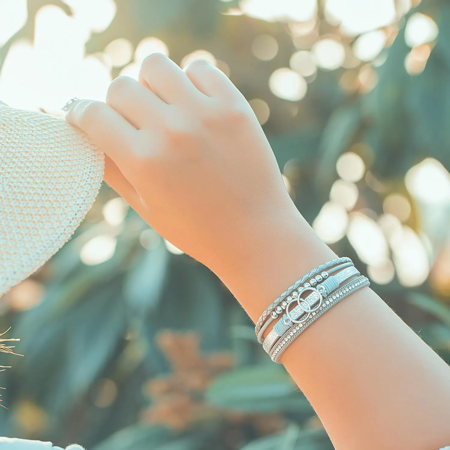 FANCY SHINY Boho Wrap Bracelets Leather Cuff Bangle Gold Beaded Bracelets for Women Stackable Infinity Bracelets Jewelry Gift Mom with Magnetic Clasp