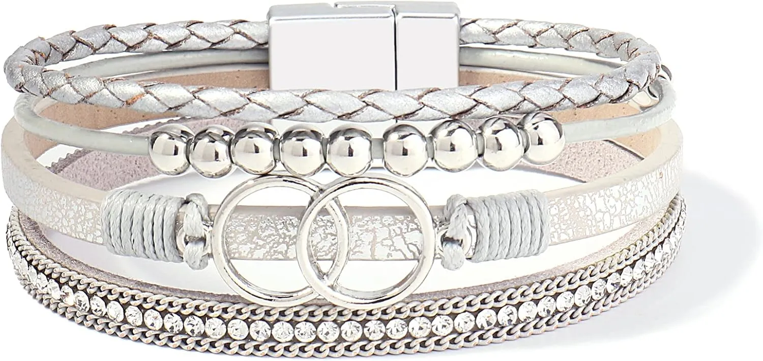 FANCY SHINY Boho Wrap Bracelets Leather Cuff Bangle Gold Beaded Bracelets for Women Stackable Infinity Bracelets Jewelry Gift Mom with Magnetic Clasp