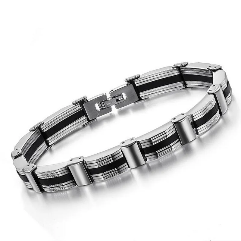 Fashion Design Silica Gel Bracelet Men Stainless Steel 10MM Wide Chain Men's Bracelets