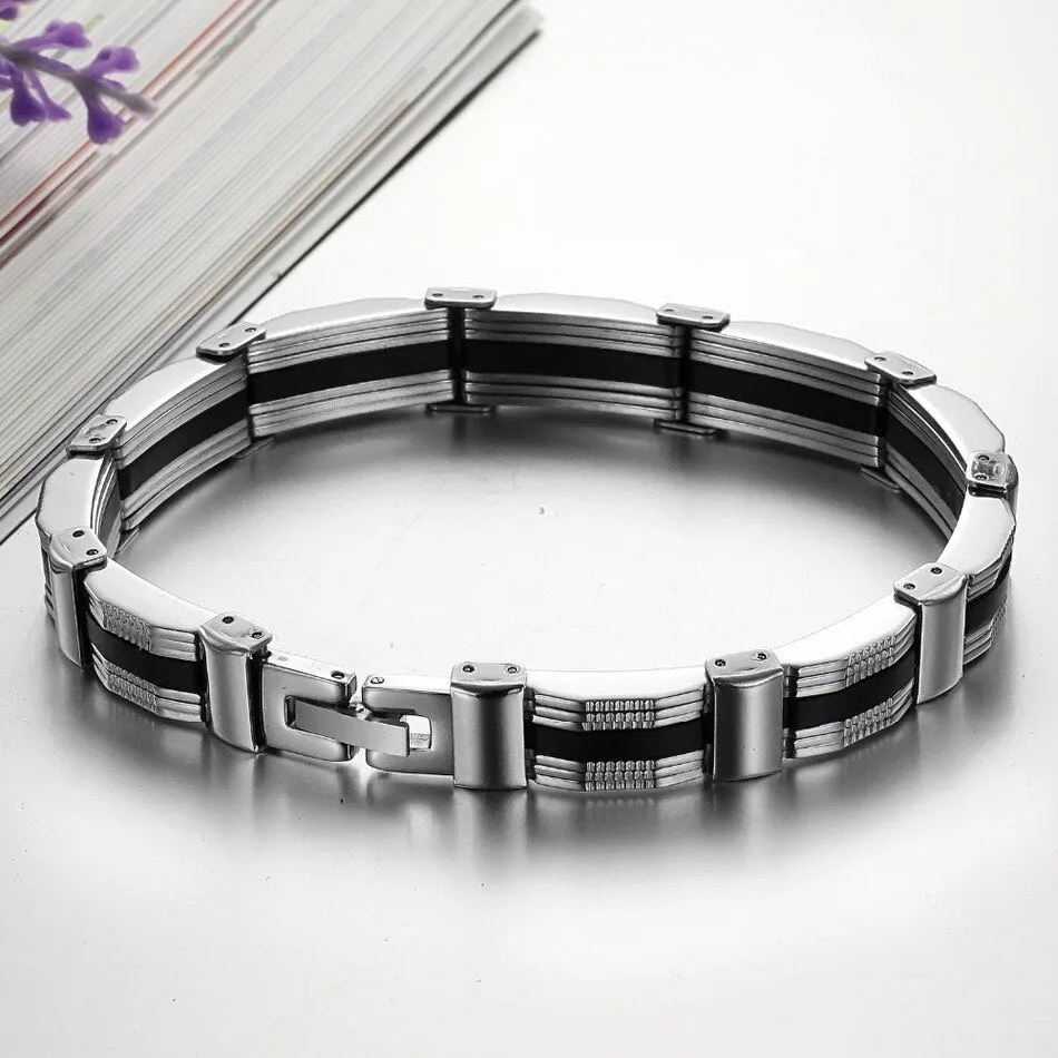 Fashion Design Silica Gel Bracelet Men Stainless Steel 10MM Wide Chain Men's Bracelets