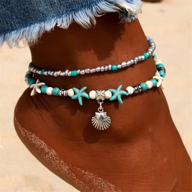 Fashion Retro Bohemia Round Rune Starfish Anklet