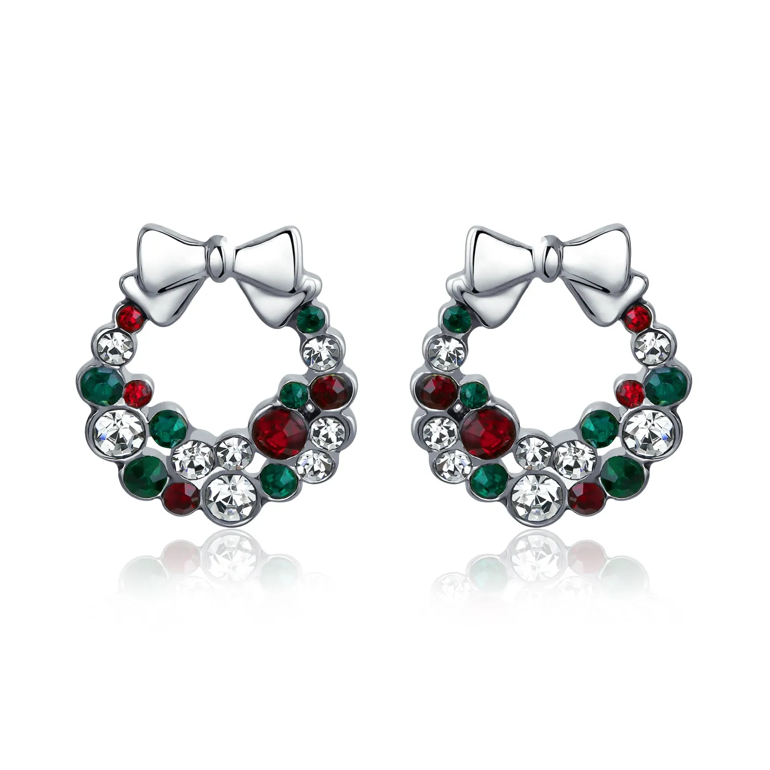 Fashion Sparkling Christmas Bow Crystal Necklace Earrings Jewelry Set Silver Plated