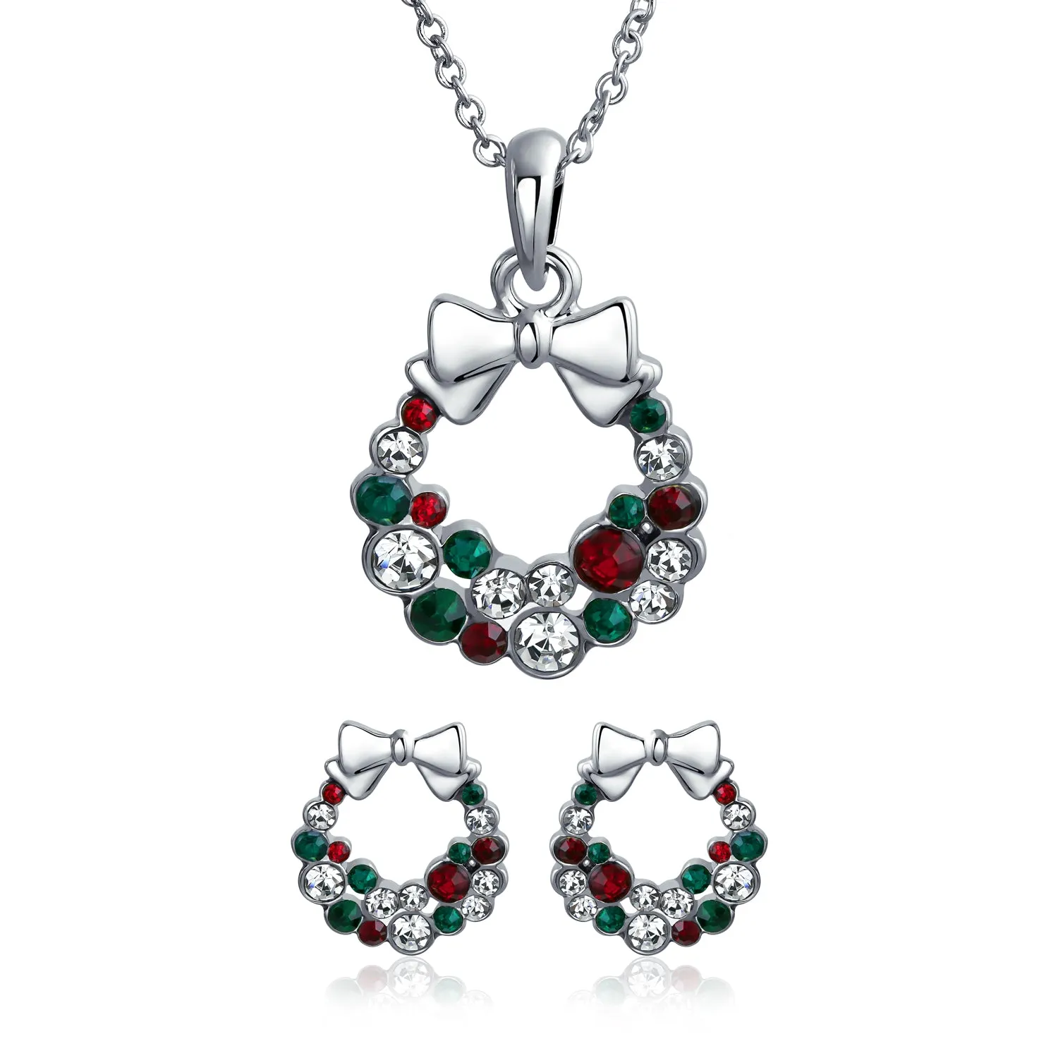 Fashion Sparkling Christmas Bow Crystal Necklace Earrings Jewelry Set Silver Plated