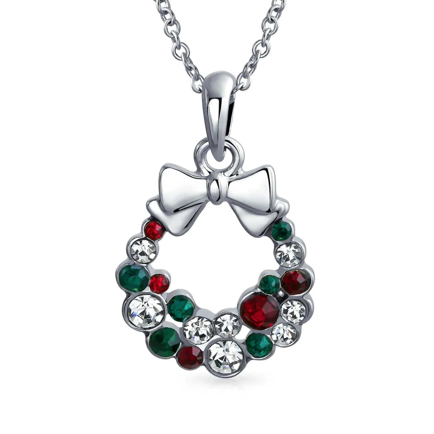 Fashion Sparkling Christmas Bow Crystal Necklace Earrings Jewelry Set Silver Plated