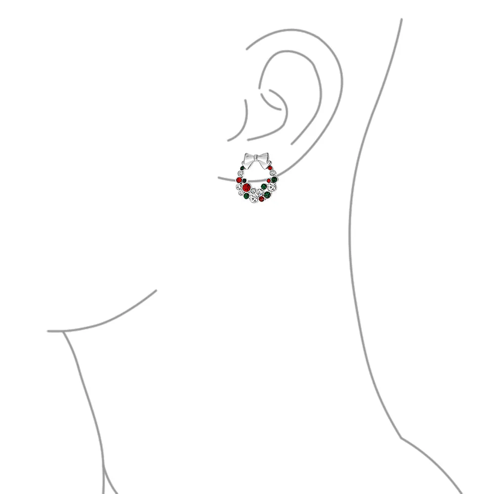 Fashion Sparkling Christmas Bow Crystal Necklace Earrings Jewelry Set Silver Plated