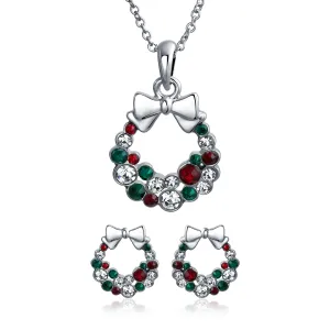 Fashion Sparkling Christmas Bow Crystal Necklace Earrings Jewelry Set Silver Plated