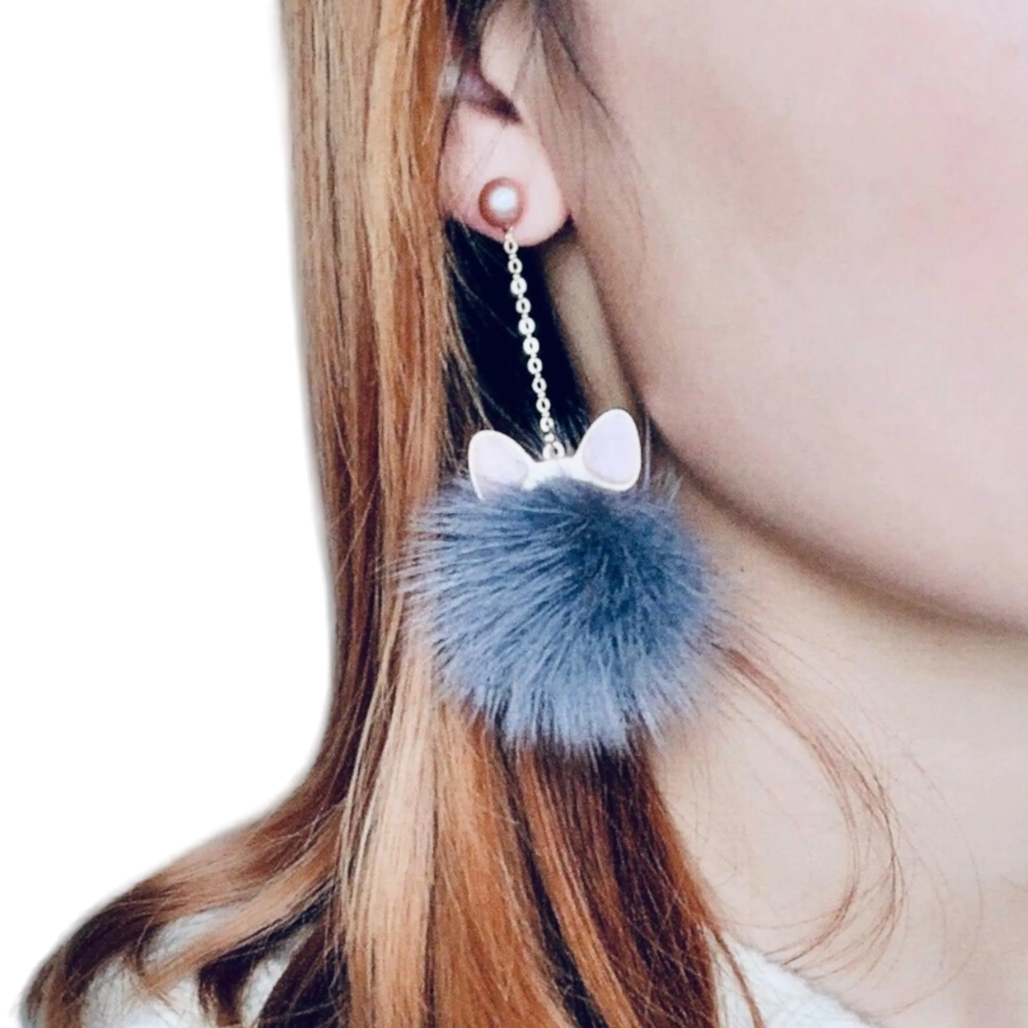 Fluffy Pom Pom Cat Ears Dangle Earrings