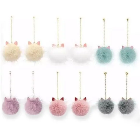 Fluffy Pom Pom Cat Ears Dangle Earrings