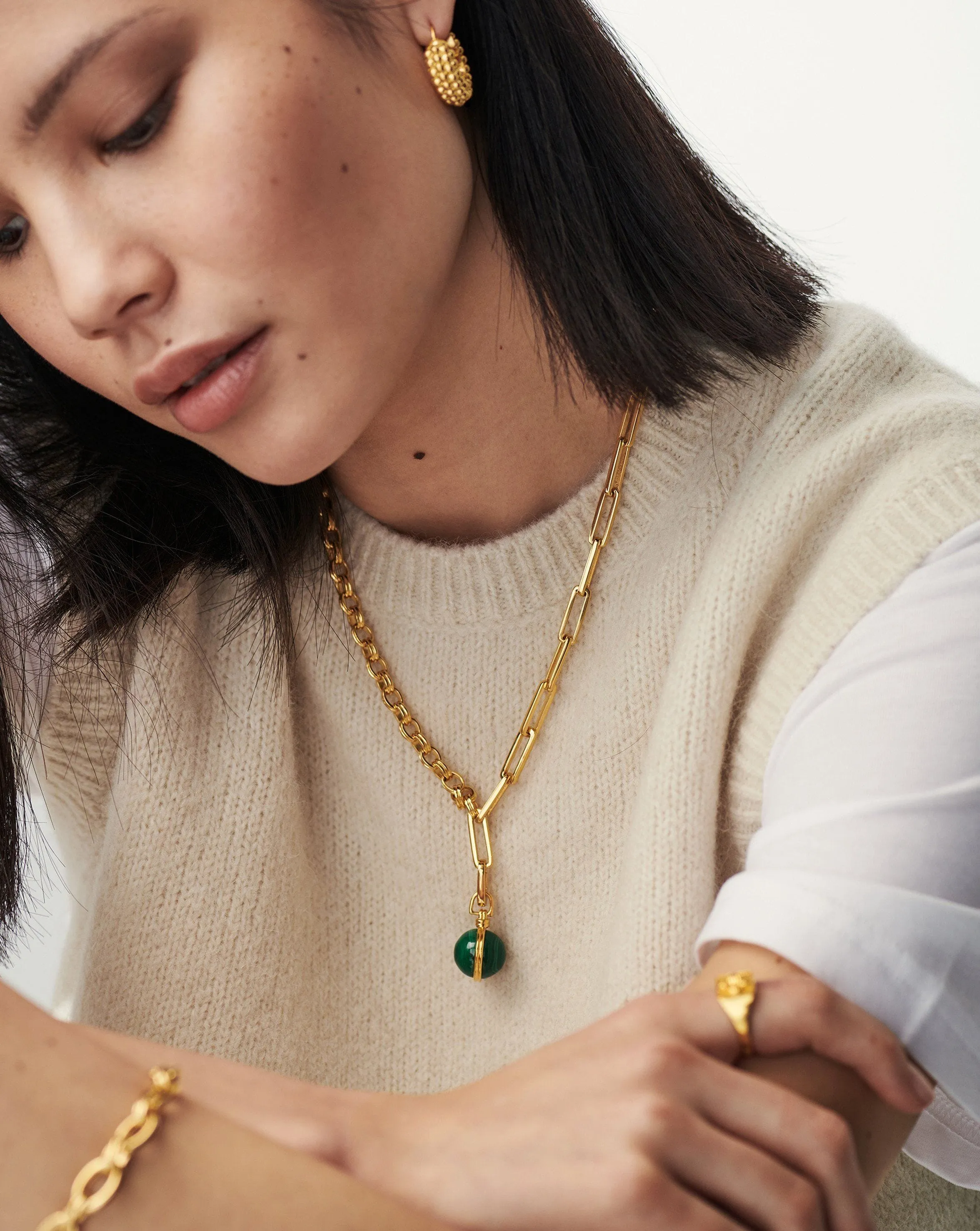 Gemstone Sphere Clip-On Pendant | 18k Gold Plated, Malachite