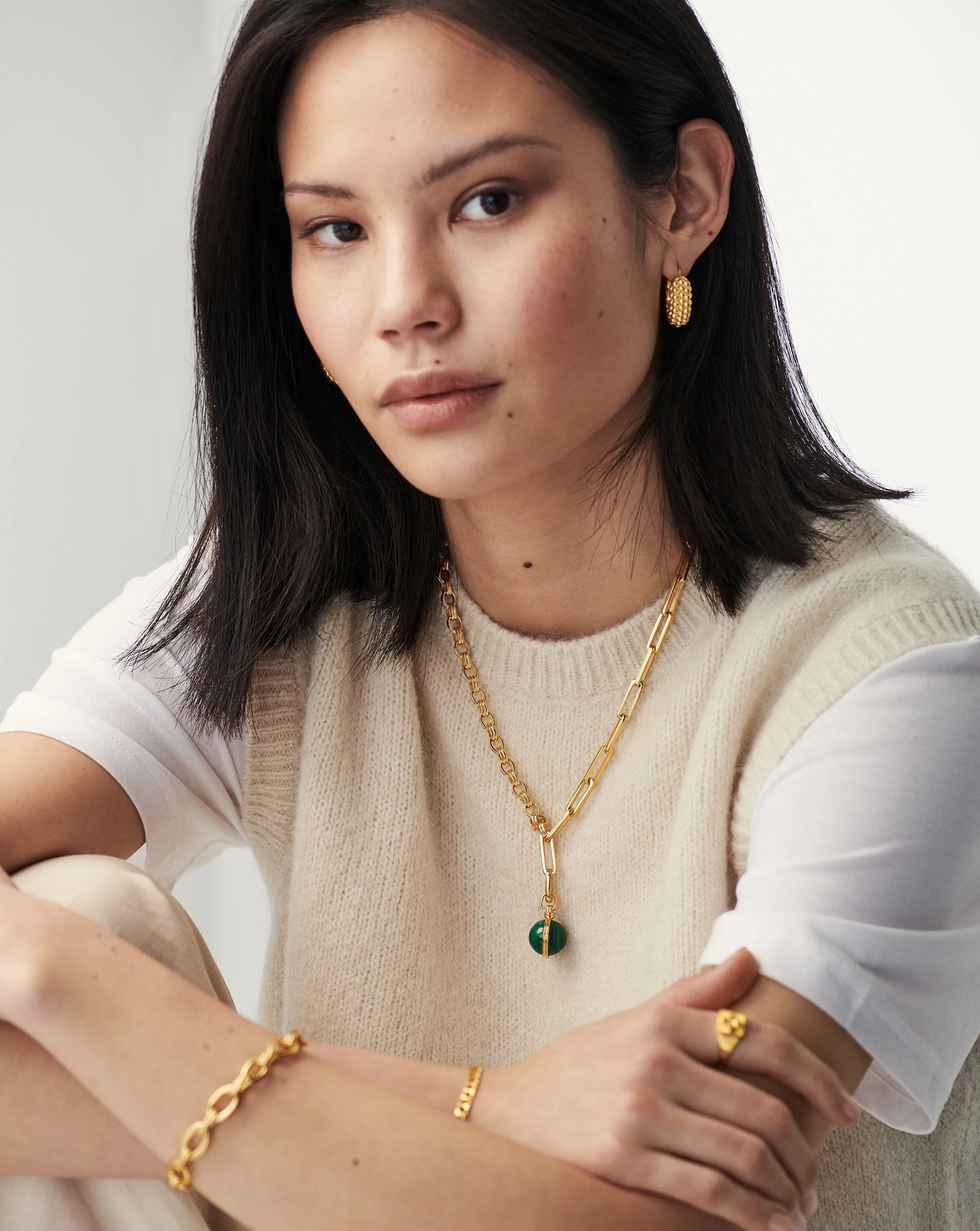 Gemstone Sphere Clip-On Pendant | 18k Gold Plated, Malachite