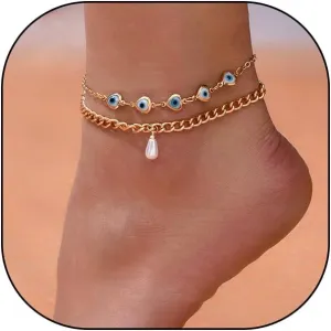 GIGB PBDK Layered Gold Anklets for Women, Chunky Evil Eye Love Chain Link Bracelets Anklets Herringbone Link Chain Foot Jewelry Ankle Bracelet for Women