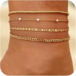Gold Ankle Bracelets for Women, 14K Gold Anklets Waterproof Cuban Link Anklets Set Layered Anklet Pearl Bead Ankle Bracelets Summer Beach Foot Chain Ankle Jewelry Gifts