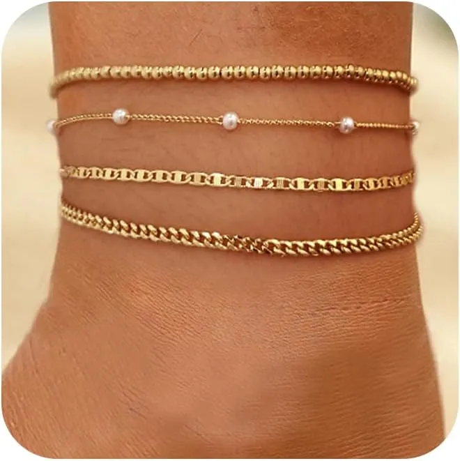 Gold Ankle Bracelets for Women, 14K Gold Anklets Waterproof Cuban Link Anklets Set Layered Anklet Pearl Bead Ankle Bracelets Summer Beach Foot Chain Ankle Jewelry Gifts