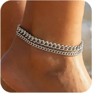 Gold Ankle Bracelets for Women, 14k Gold Plated Cuban Link Anklets Set, Waterproof Anklet Bracelets for Women Layered Chain Adjustable Size Jewelry Mother's Day Gift Beach
