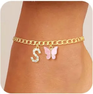 Gold Ankle Bracelets for Women Butterfly Initial Anklet 14K Solid Gold Over Anklets Waterproof Cuban Link Chain Anklets Set Jewelry Jewelry Gifts for Women