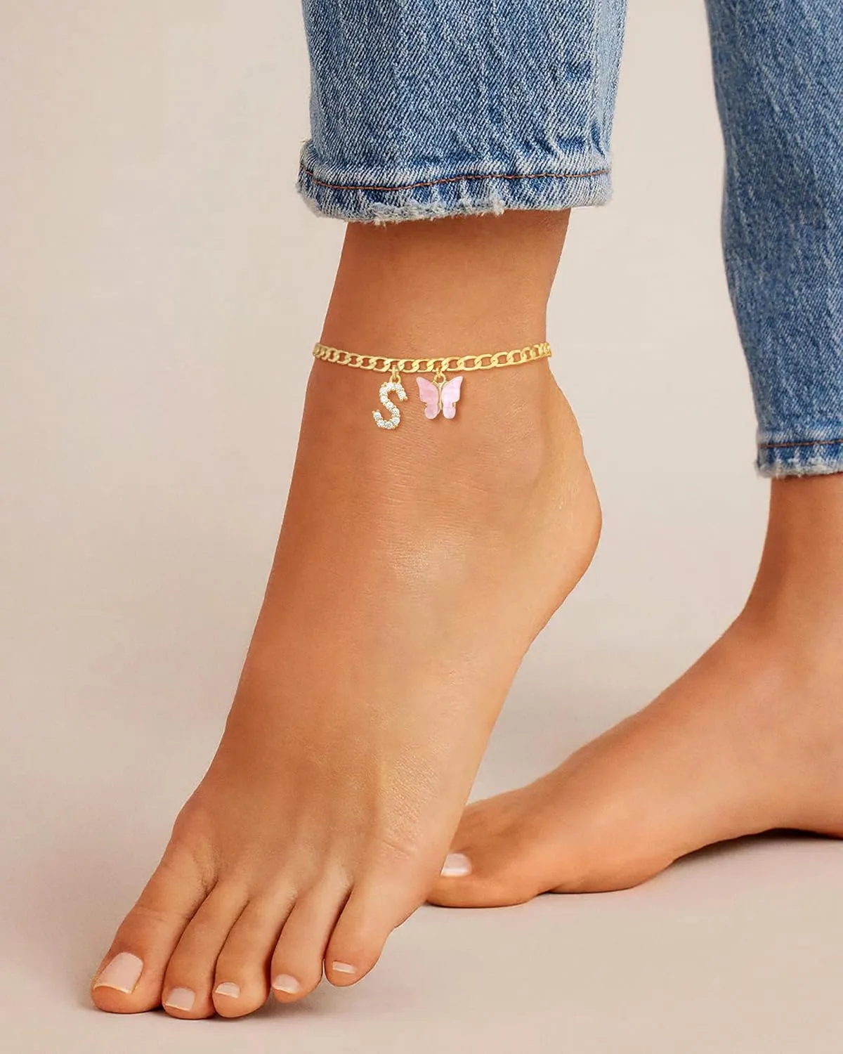 Gold Ankle Bracelets for Women Butterfly Initial Anklet 14K Solid Gold Over Anklets Waterproof Cuban Link Chain Anklets Set Jewelry Jewelry Gifts for Women