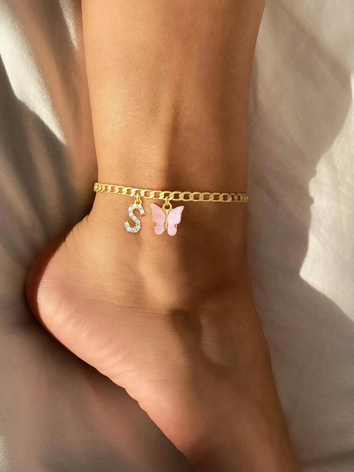 Gold Ankle Bracelets for Women Butterfly Initial Anklet 14K Solid Gold Over Anklets Waterproof Cuban Link Chain Anklets Set Jewelry Jewelry Gifts for Women