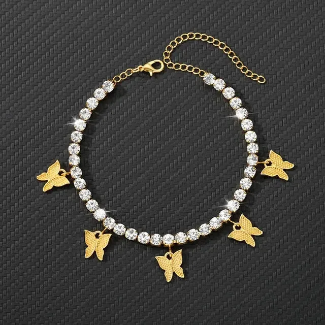 Gold Butterfly Anklet Rhinestone Crystal Butterfly Anklets For Women Rhinestone Leg Bracelet Beach Foot Chain Boho Jewelry Ankle Bracelets