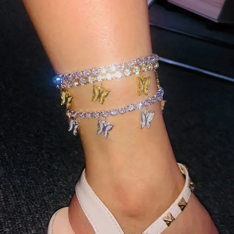 Gold Butterfly Anklet Rhinestone Crystal Butterfly Anklets For Women Rhinestone Leg Bracelet Beach Foot Chain Boho Jewelry Ankle Bracelets