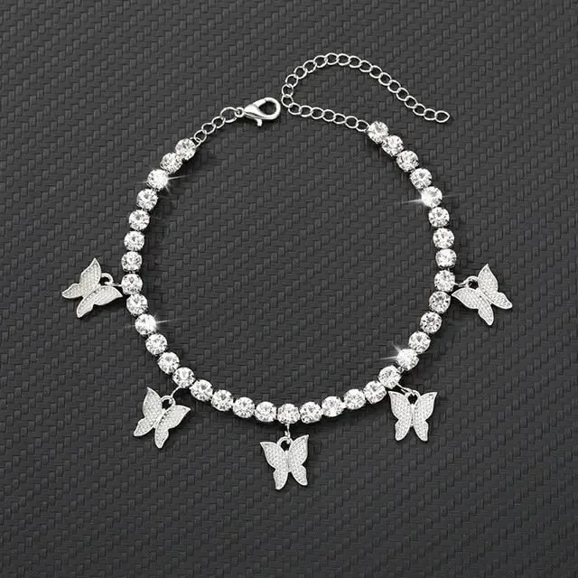 Gold Butterfly Anklet Rhinestone Crystal Butterfly Anklets For Women Rhinestone Leg Bracelet Beach Foot Chain Boho Jewelry Ankle Bracelets