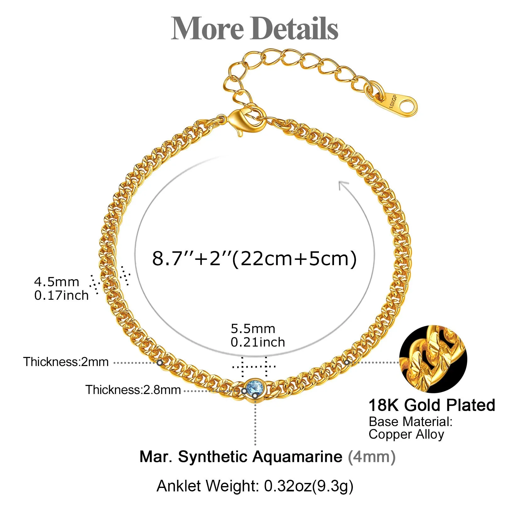 Gold Chain Birthstone Cuban Link Anklet For Women