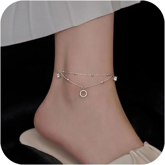 Gold Circle Beaded Anklets for Women Silver Zircon Layered Charm Anklets Summer Jewelry Birthday Mothers Day