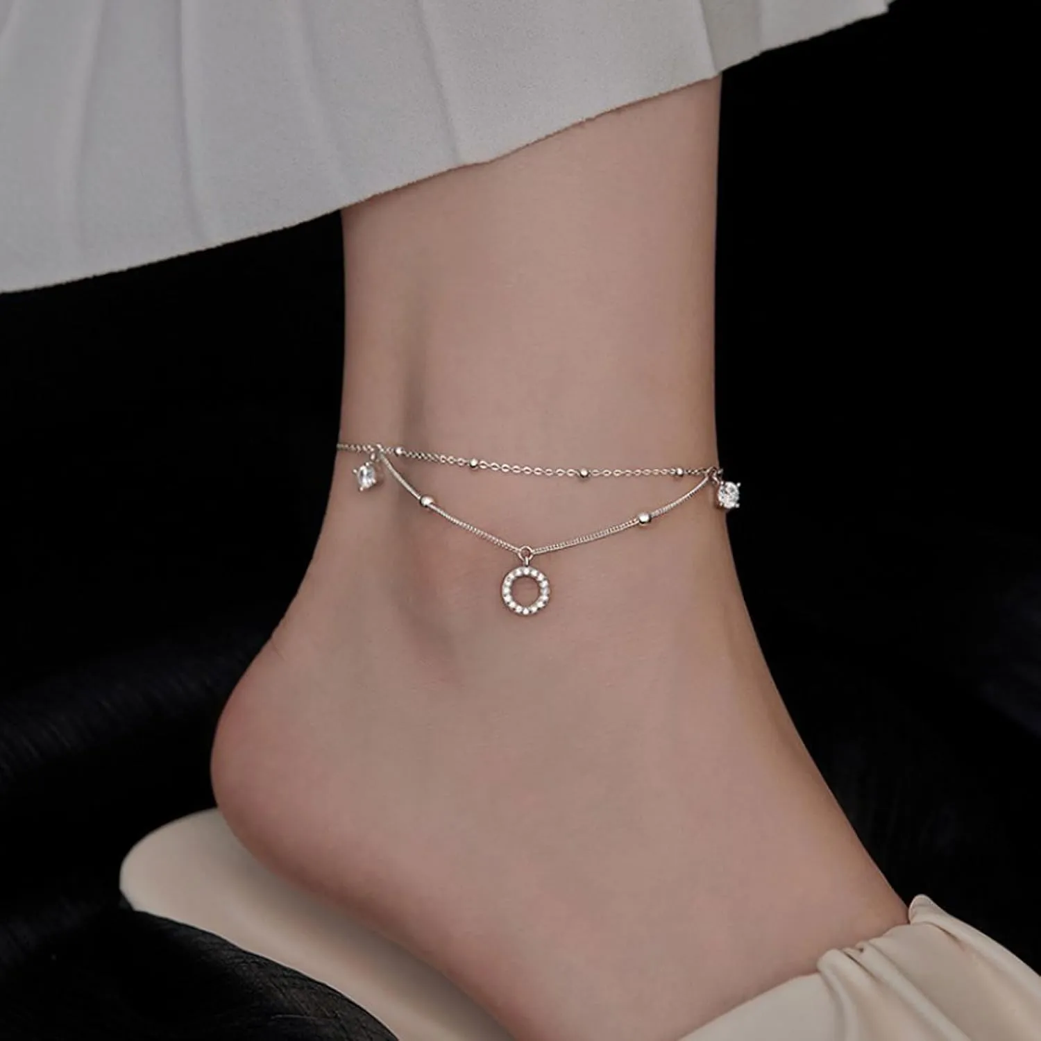 Gold Circle Beaded Anklets for Women Silver Zircon Layered Charm Anklets Summer Jewelry Birthday Mothers Day