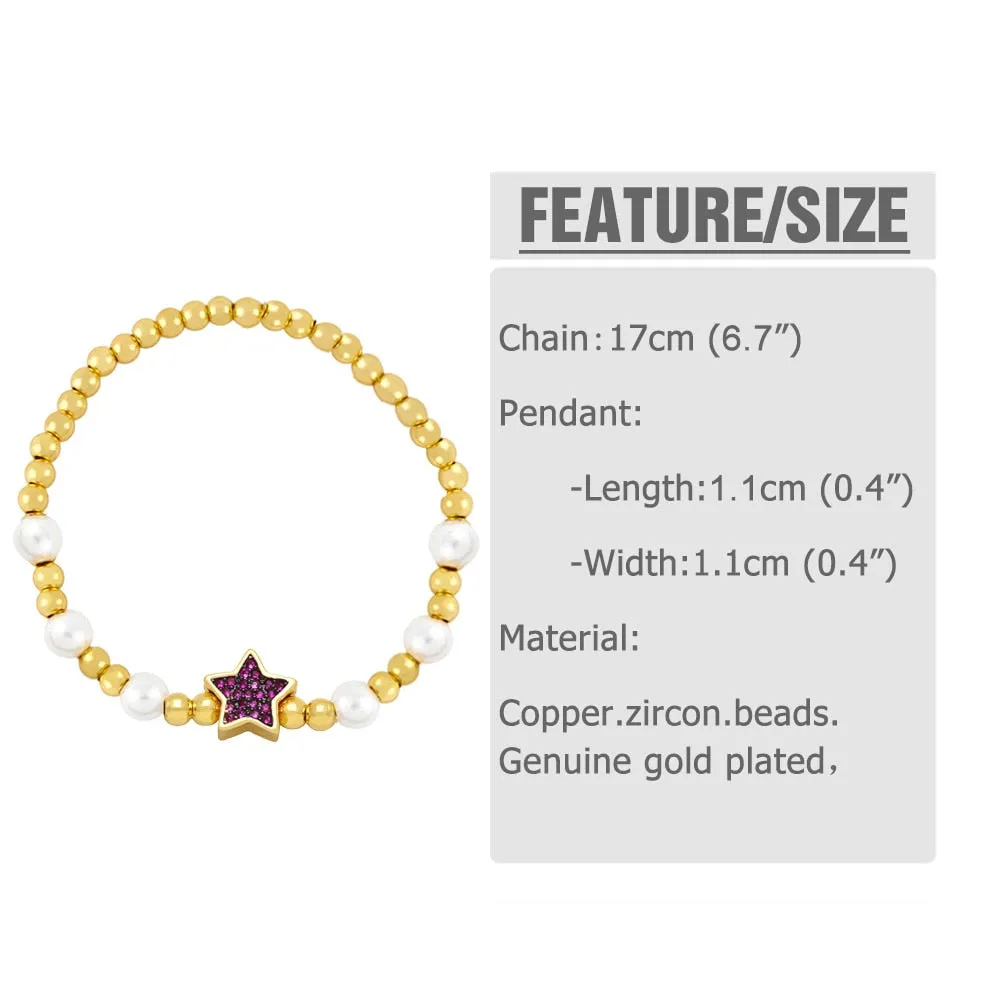 Gold Color Beads Chain Bracelets for Women CZ Rhinestone Star Bracelets
