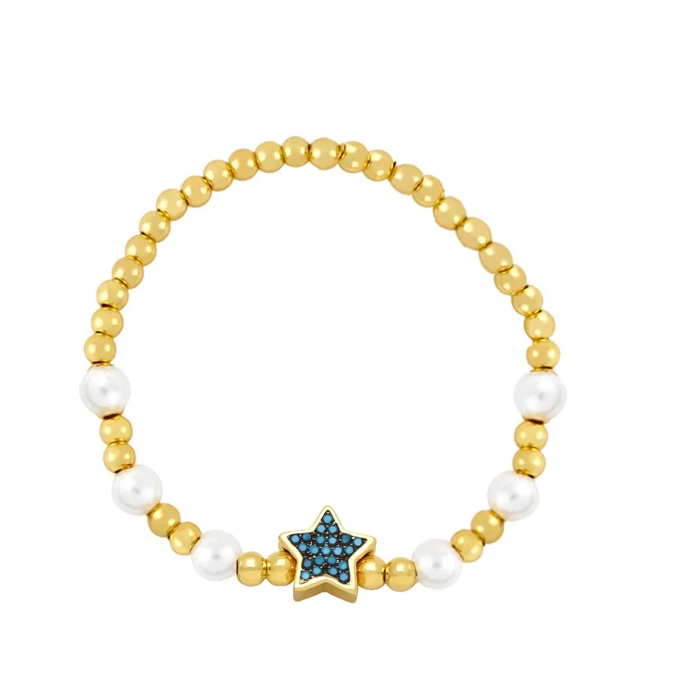 Gold Color Beads Chain Bracelets for Women CZ Rhinestone Star Bracelets