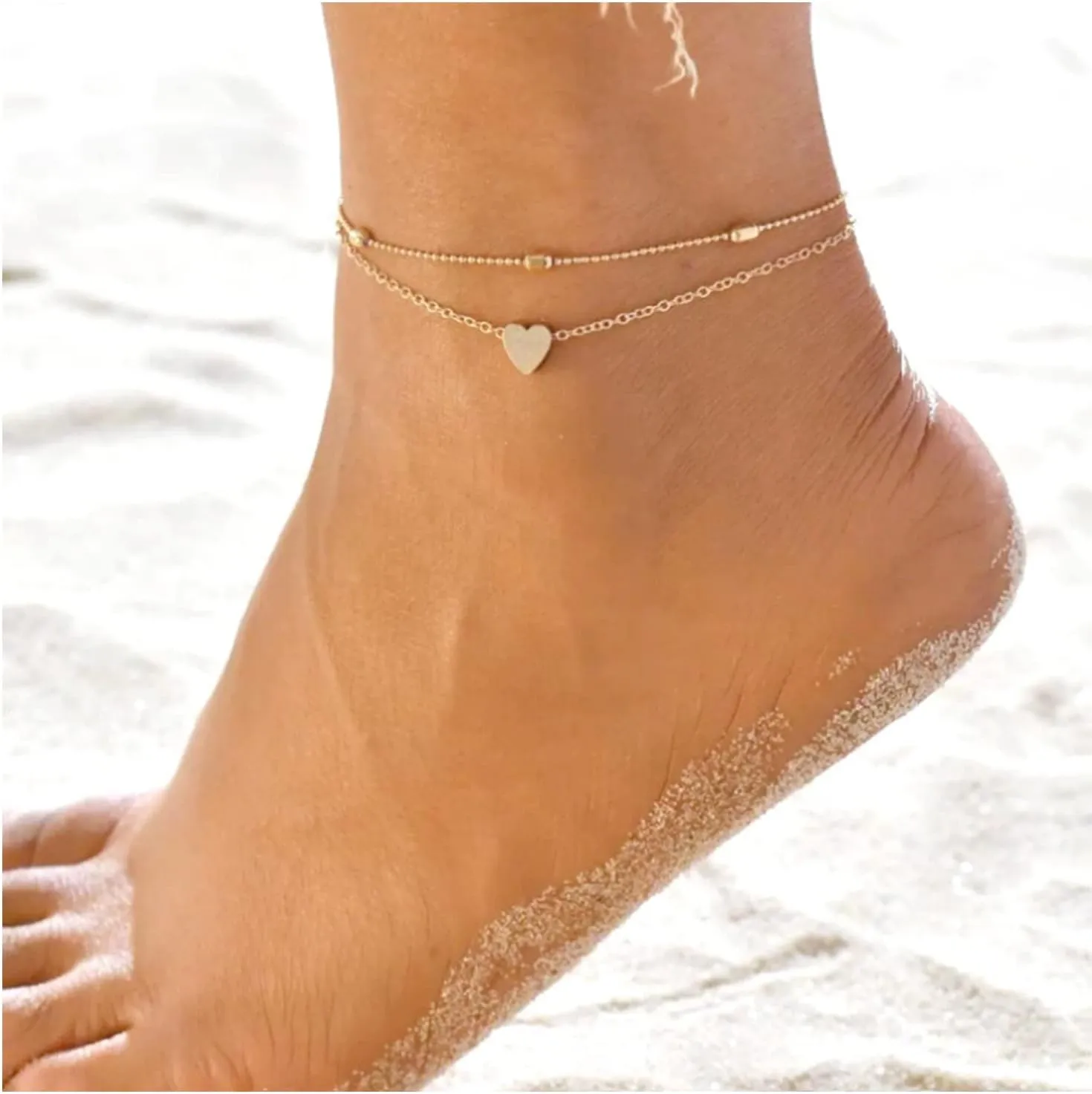 Gold Heart Layered Ankle Bracelets Dainty Gold Summer Beach Heart Ankle Bracelet Foot Jewelry Gifts for Women