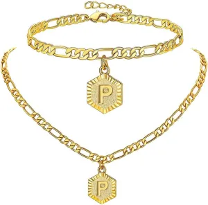 Gold Initial Pendant Necklace Anklet Bracelet 18K Gold Plated Stainless Steel Letter Anklet Bracelet Alphabet Foot Jewelry for Women Girls