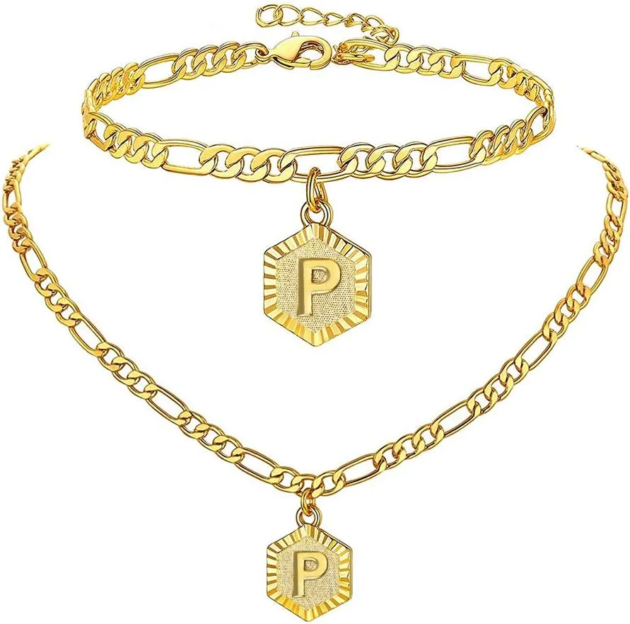 Gold Initial Pendant Necklace Anklet Bracelet 18K Gold Plated Stainless Steel Letter Anklet Bracelet Alphabet Foot Jewelry for Women Girls