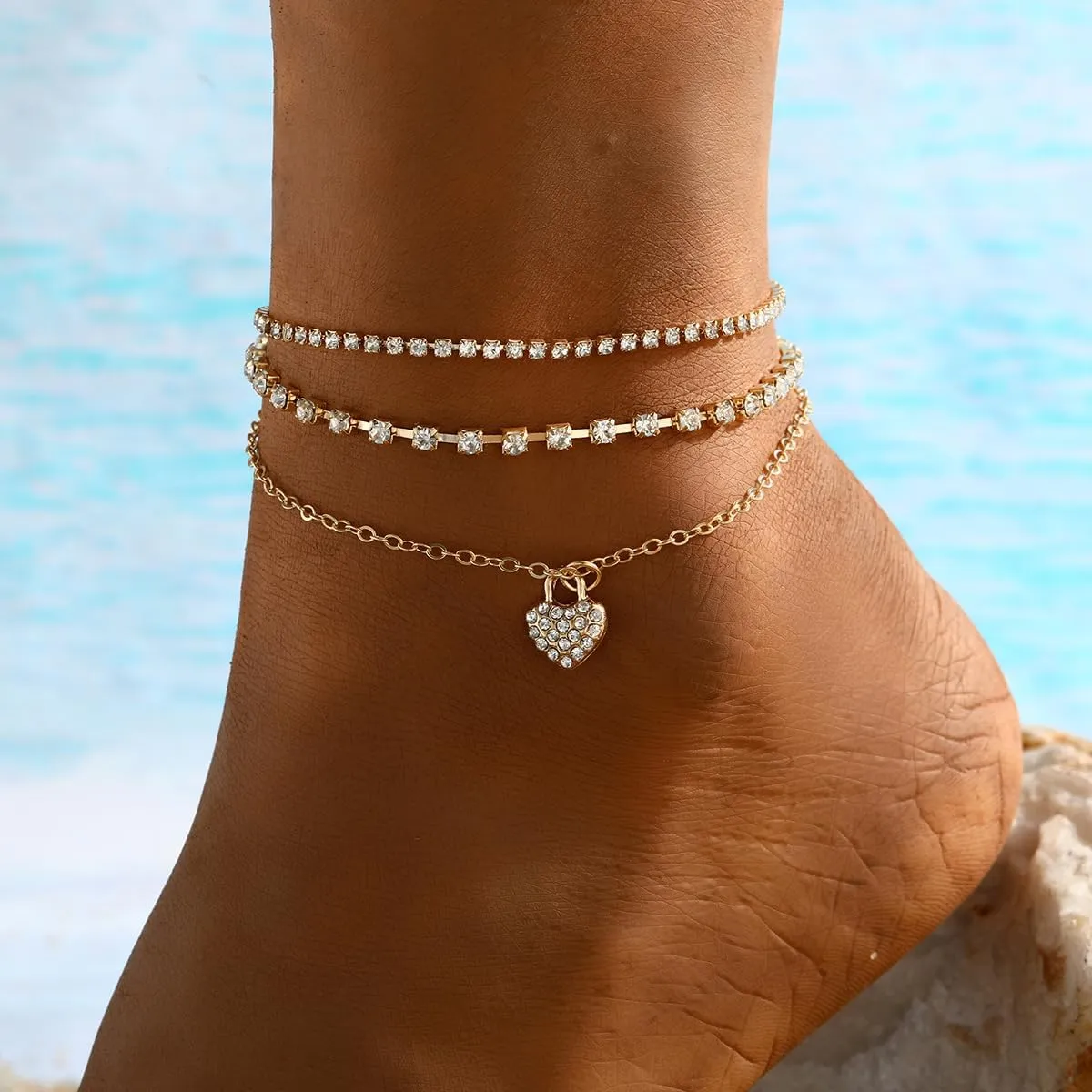 Gold Layered Ankle Bracelet for WomenTennis Chain Simple Chain Beads Anklets Set Zircon Heart Pendant Ankle Bracelet for Women Summer Beach Jewelry